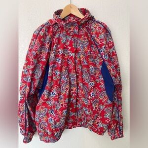Vintage 90s Liz Sport Floral Paisley Printed Nylon Jacket Red XL Packable Hood